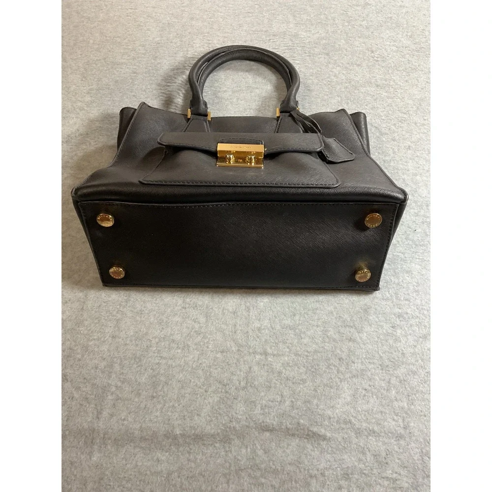 Michael Kors Black Saffiano Leather Satchel Handbag Gold Hardware Push Lock